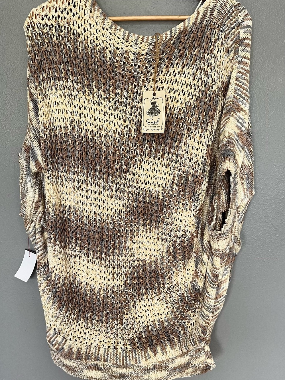Easel Marled Open-Knit Scoop Neck Sweater in Cream and Brown